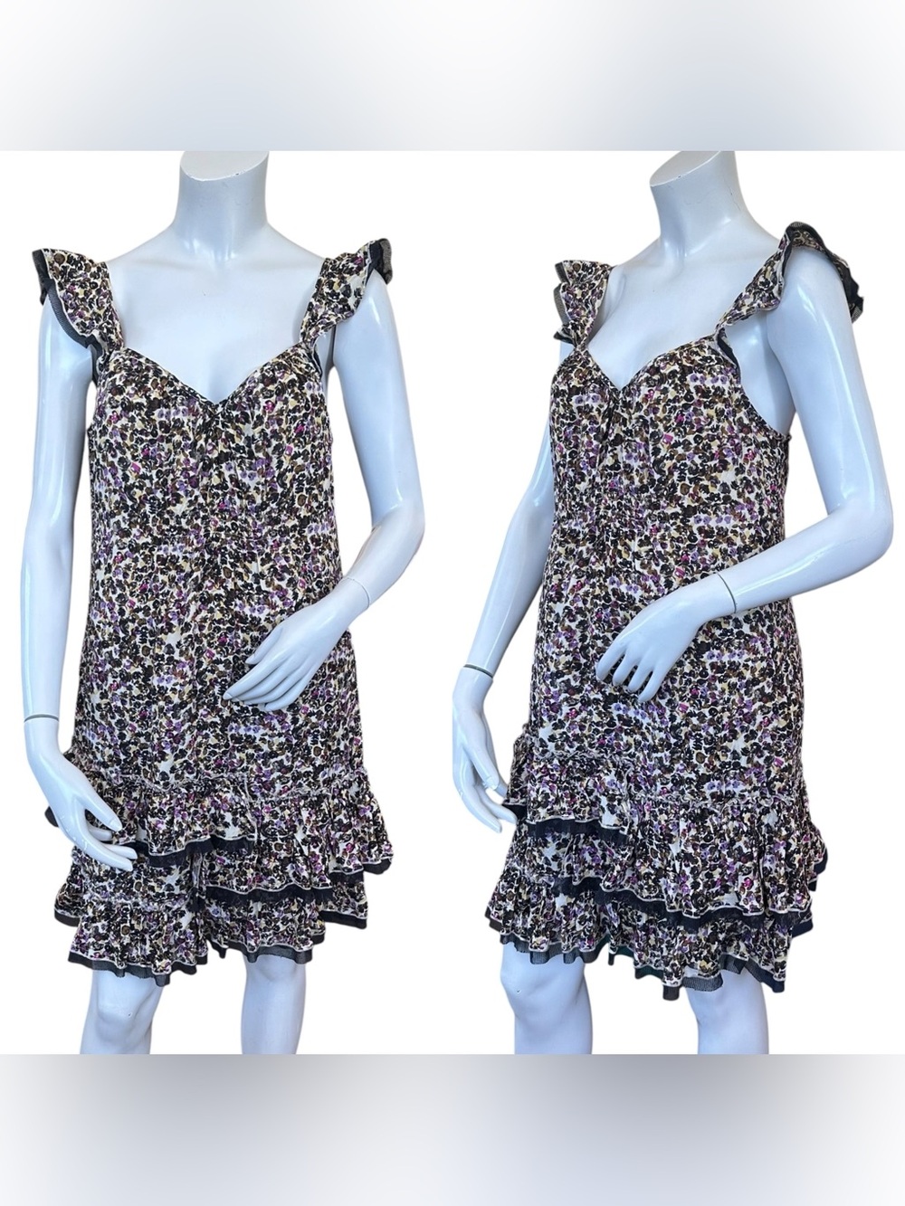 Y2K DKNY Beige Purple Floral Mesh Asymmetrical Ruffle Trim Mini Dress Medium